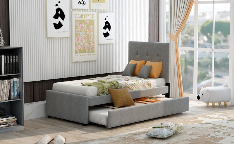 Linen Upholstered Platform Bed With Headboard And Trundle - Twin