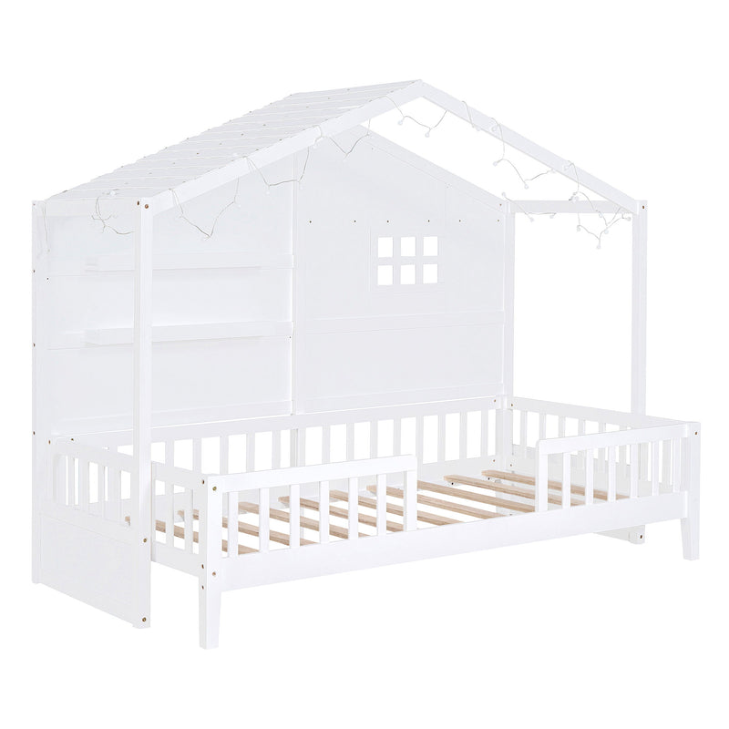 Twin Size House Bed With Shelves, House Bed With Window And Sparkling Light Strip On The Roof, White