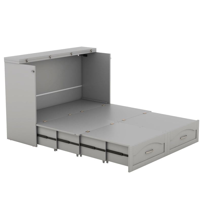 Full Size Murphy Bed Wall Bed With Drawer And A Set Of Sockets & USB Ports, Pulley Structure Design, Gray