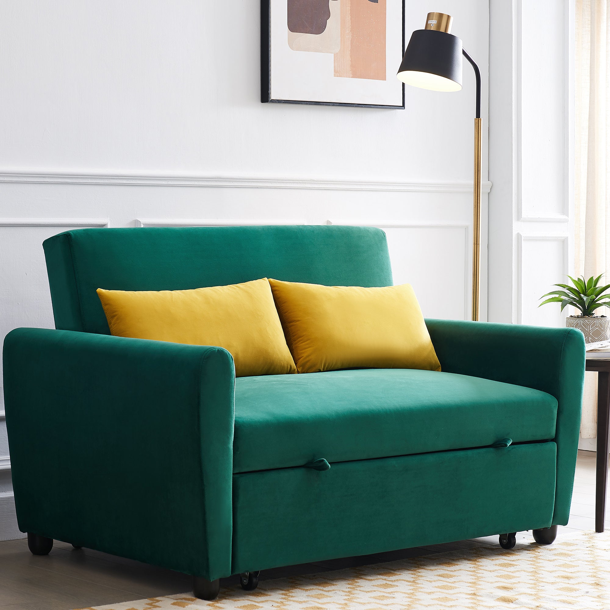 [VIDEO provided]55" Modern Velvet Sofa with Pull-Out Sleeper Bed with 2 Pillows Adjustable Backrest for Small Spaces Green - Atlantic Fine Furniture Inc