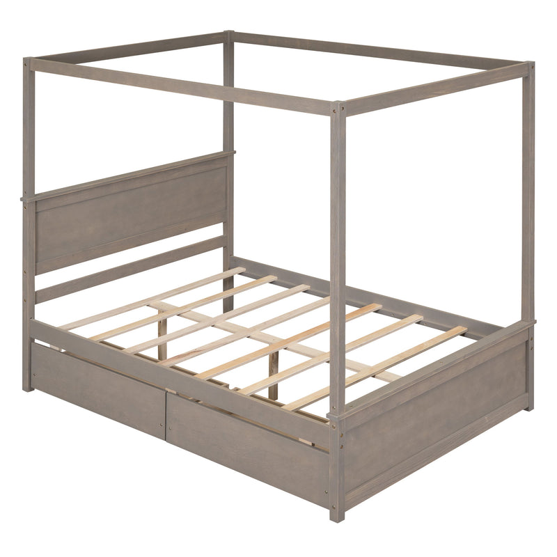 Wood Canopy Bed With Two Drawers, Full Size Canopy Platform Bed With Support Slats .No Box Spring Needed, Brushed Light Brown