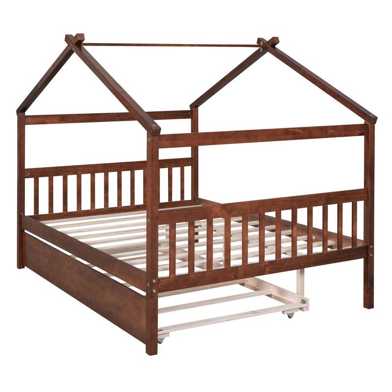 Full Size Wooden House Bed With Twin Size Trundle - Walnut