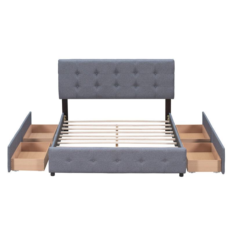 Upholstered Platform Bed With Classic Headboard And 4 Drawers, No Box Spring Needed, Linen Fabric, Queen Size Dark Gray