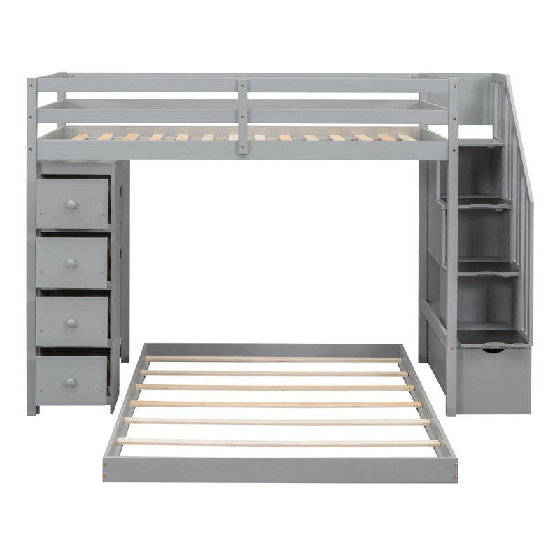 Twin Over Full Bunk Bed With 3-Layer Shelves, Drawers And Storage Stairs, Gray