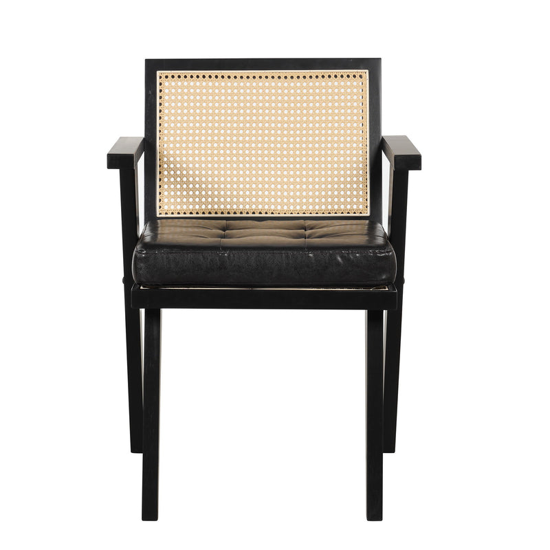 Mid-Century Accent Chair With Handcrafted Rattan Backrest And Padded Seat For Leisure, Bedroom, Kitchen, Living Room, Enterway, Black