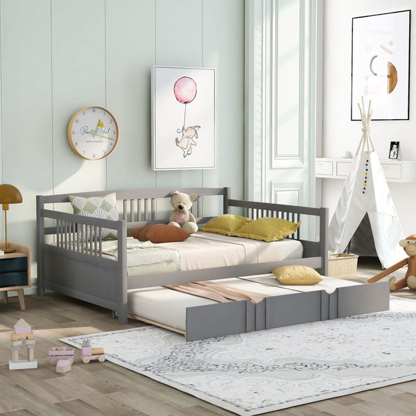 Full Size Daybed Wood Bed With Twin Size Trundle, Gray
