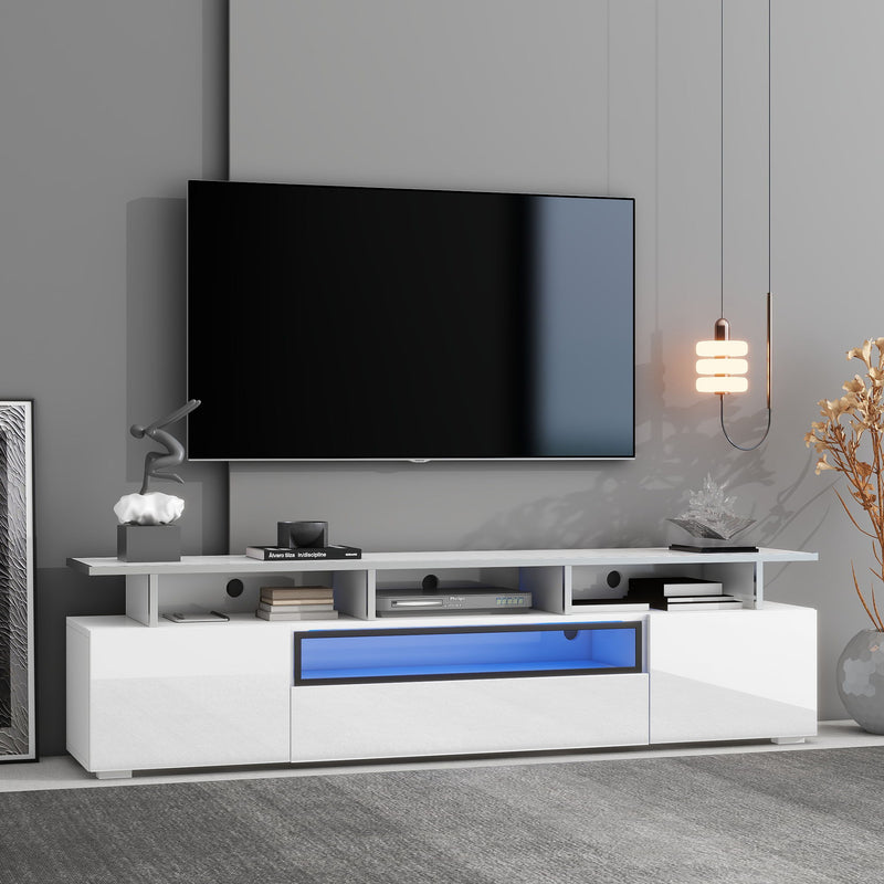 On-Trend Modern TV Stand With Push To Open Doors, Uv High-Gloss Entertainment Center With Acrylic Board For Tvs Up To 80", Stylish TV Cabinet With Led Color Changing Lights For Living Room, White