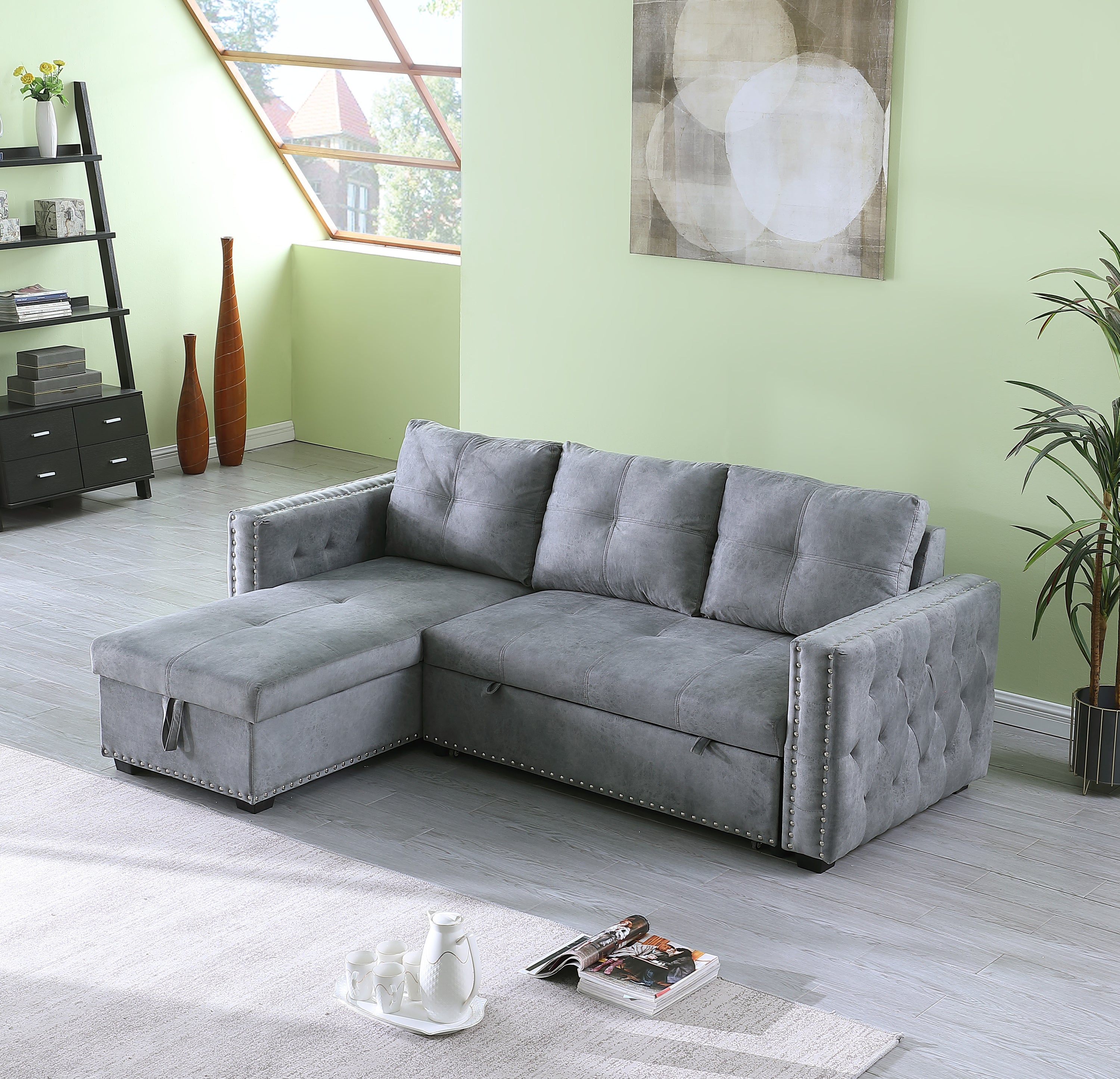 Reversible Sleeper Sectional Storage Sofa Bed,Corner Sofa-Bed With Storage,3 Seat Both Left Handed And Right Handed,Nailheaded - Atlantic Fine Furniture Inc