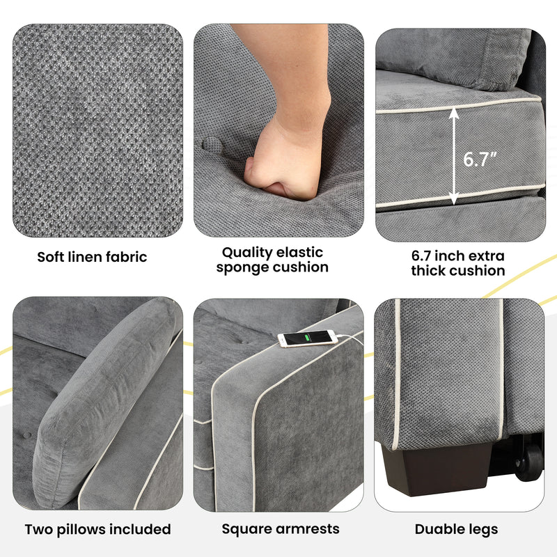 Linen Upholstered Sleeper Bed , Pull Out Sofa Bed Couch attached two throw pillows,Dual USB Charging Port and Adjustable Backrest for Living Room Space,Gray