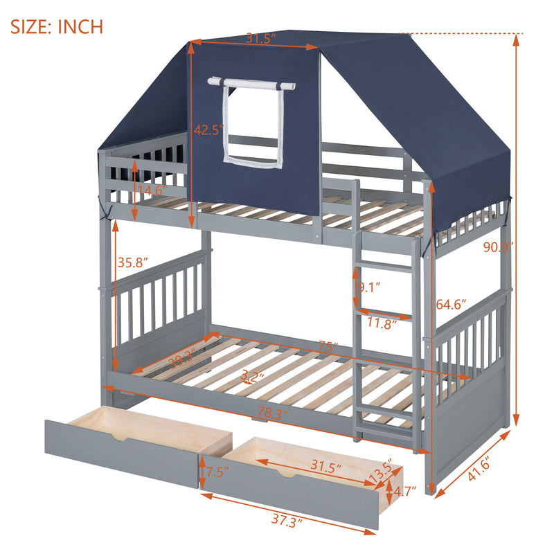 Twin Over Twin Bunk Bed Wood Bed With Tent And Drawers, Gray / Blue Tent