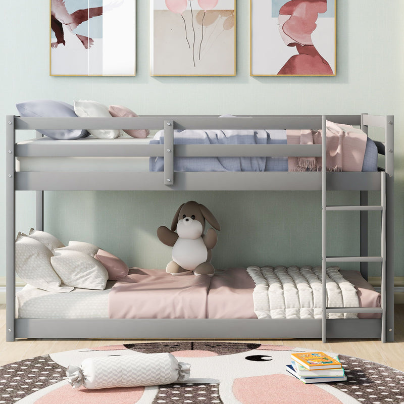 Twin Over Twin Floor Bunk Bed With Ladder, Gray
