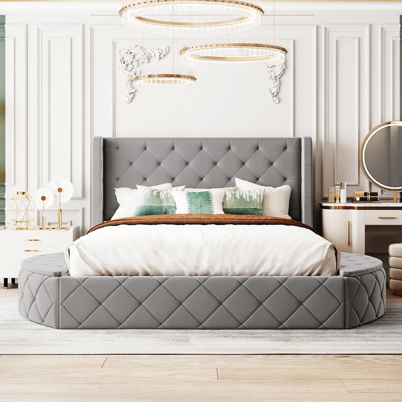 Upholstered Platform Bed Queen Size Storage Velvet Bed With Wingback Headboard And 1 Big Drawer, 2 Side Storage Stool (Gray)