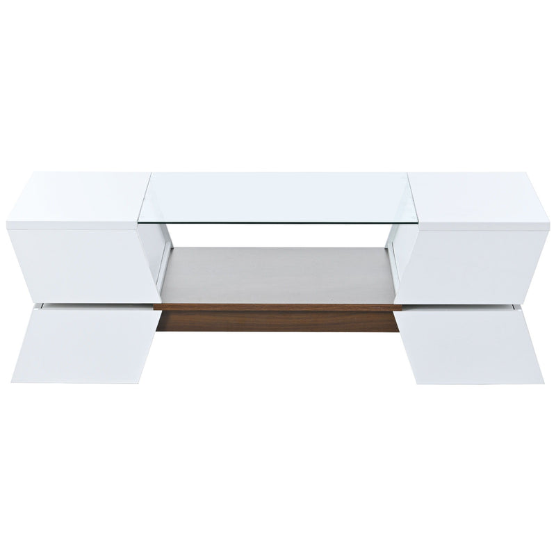 On-Trend 6Mm Glass-Top Coffee Table With Open Shelves And Cabinets, Geometric Style Cocktail Table With Great Storage Capacity, Modernist 2-Tier Center Table For Living Room, White