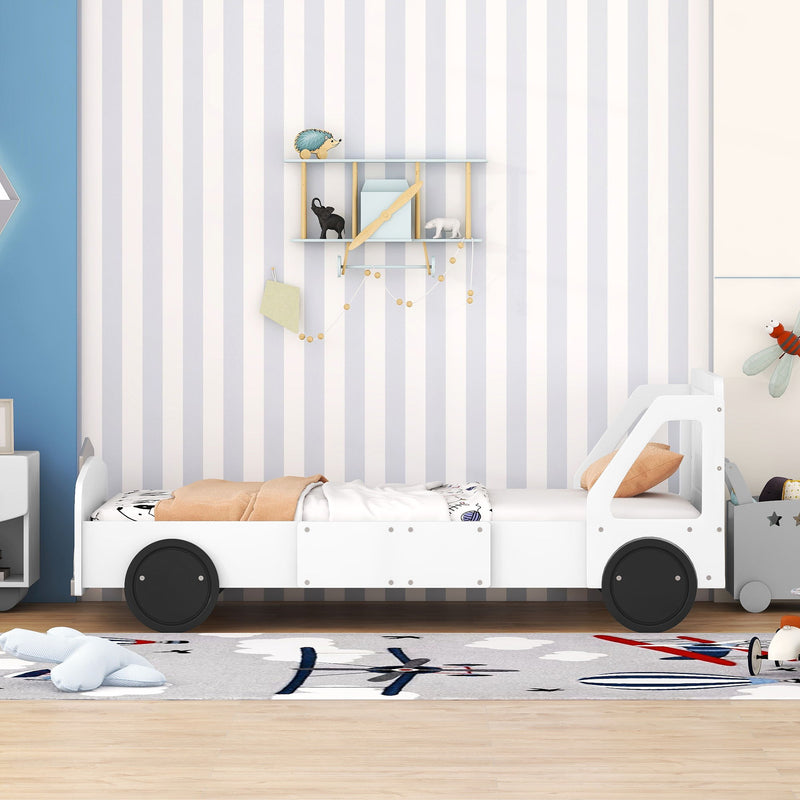 Twin Size Car-Shaped Platform Bed With Wheels, White