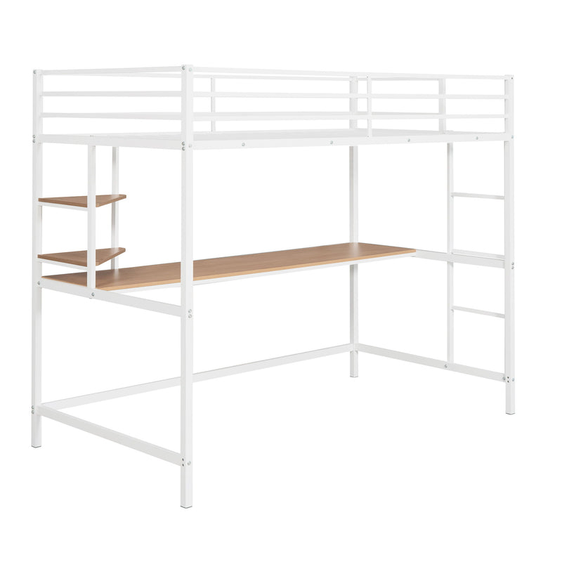 Twin Metal Loft Bed With Desk And Shelve, White