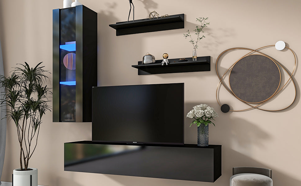 ON-TREND 4-Piece Wall Mount Floating TV Stand with See-through Media Storage Cabinet, Modern High Gloss Entertainment Center up to 70+ Inch TV, RGB Lights for Living Room, Home Theater, Black - Atlantic Fine Furniture Inc