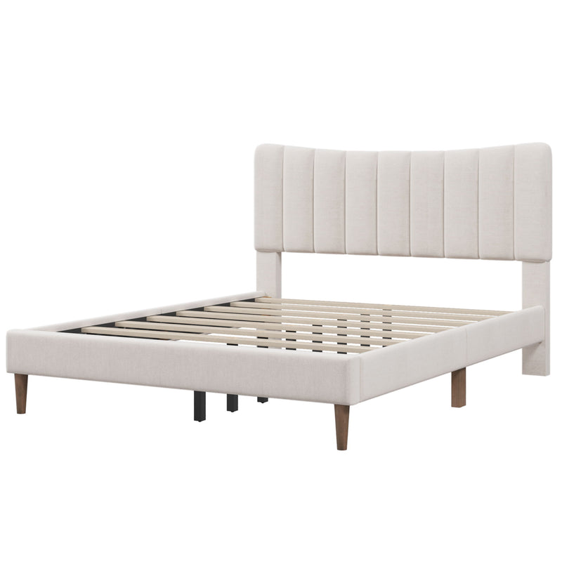Upholstered Platform Bed Frame With Vertical Channel Tufted Headboard, No Box Spring Needed, Queen, Cream