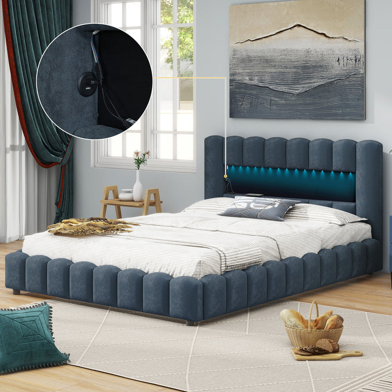 Queen Size Upholstered Platform Bed With Led Headboard And USB, Deep Blue