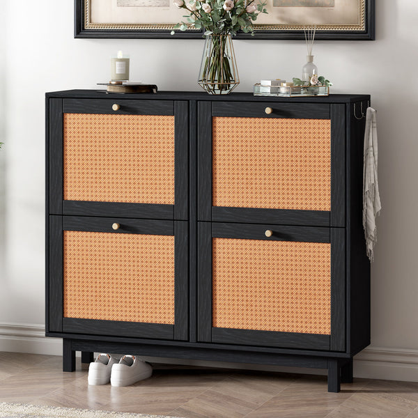 On-Trend Rattan Boho Style Shoe Cabinet With 4 Flip Drawers, Modern 2-Tier Shoe Storage Organizer With Large Space, Free Standing Shoe Rack For Entrance Hallway, Black