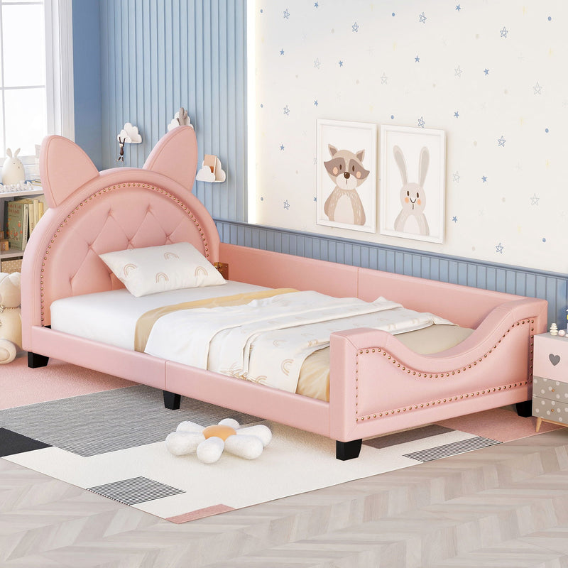 Twin Size Upholstered Daybed With Carton Ears Shaped Headboard, Pink