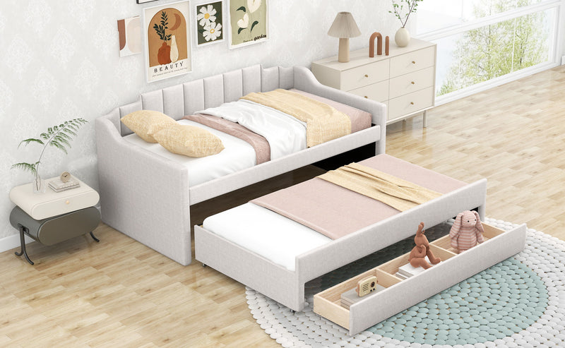 Twin Size Upholstered Daybed With Trundle And Three Drawers, Beige