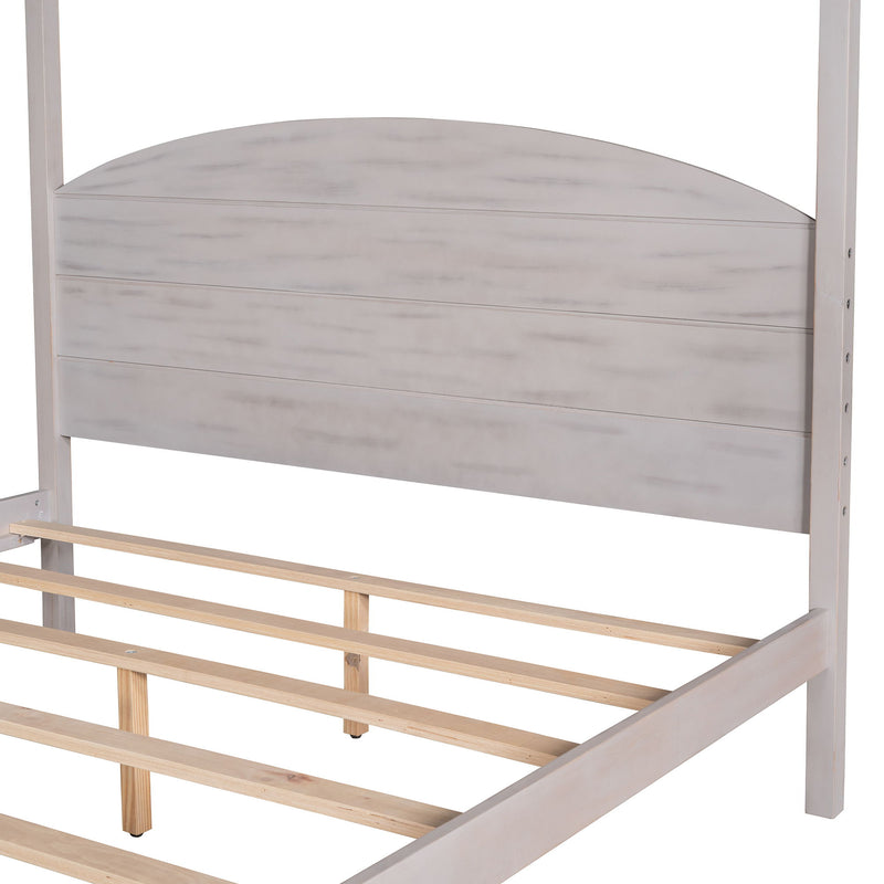 Queen Size Canopy Platform Bed With Headboard And Support Legs, Grey Wash