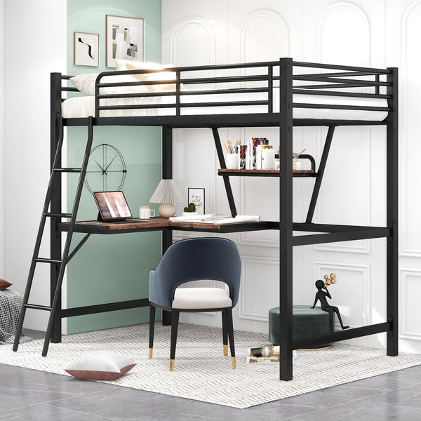 Twin Size Loft Metal & MDF Bed With Desk And Shelf, Black