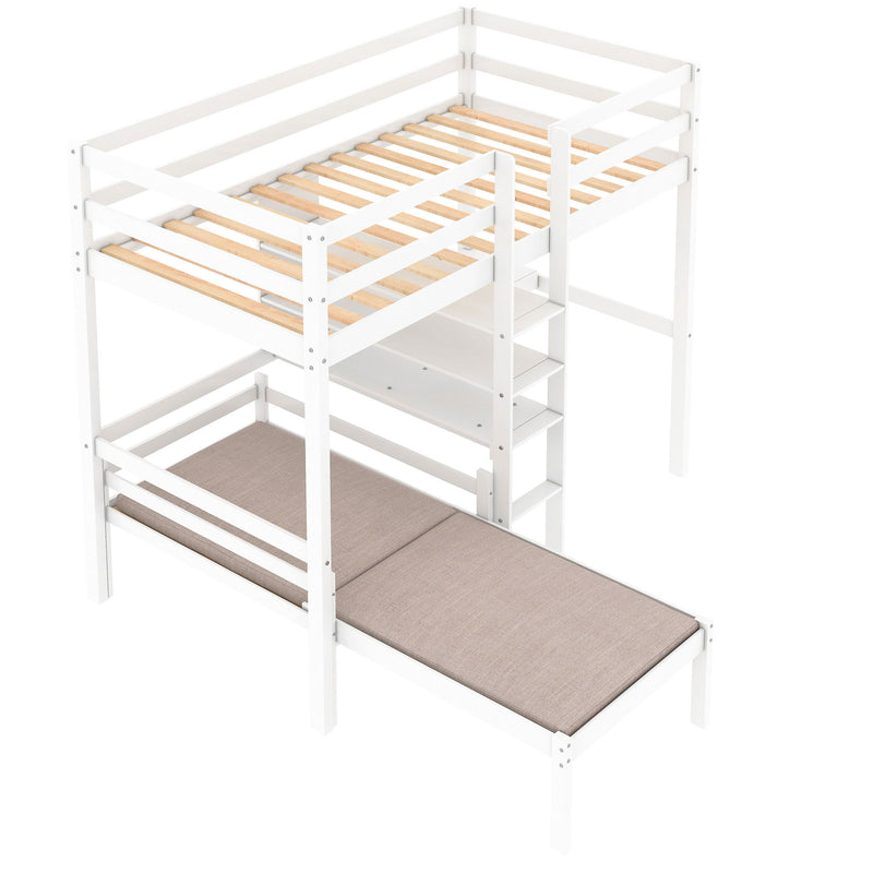Convertible Loft Bed With L - Shape Desk, Twin Bunk Bed With Shelves And Ladder, White