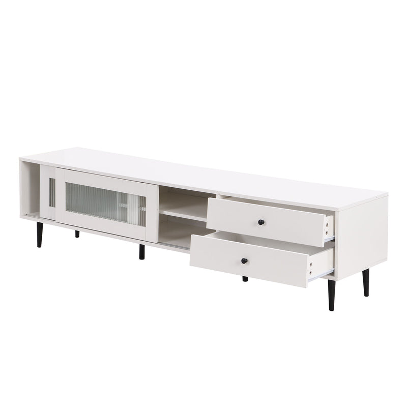 On-Trend Chic Elegant Design TV Stand With Sliding Fluted Glass Doors, Slanted Drawers Media Console For Tvs Up To 75", Modern TV Cabinet With Ample Storage Space, White