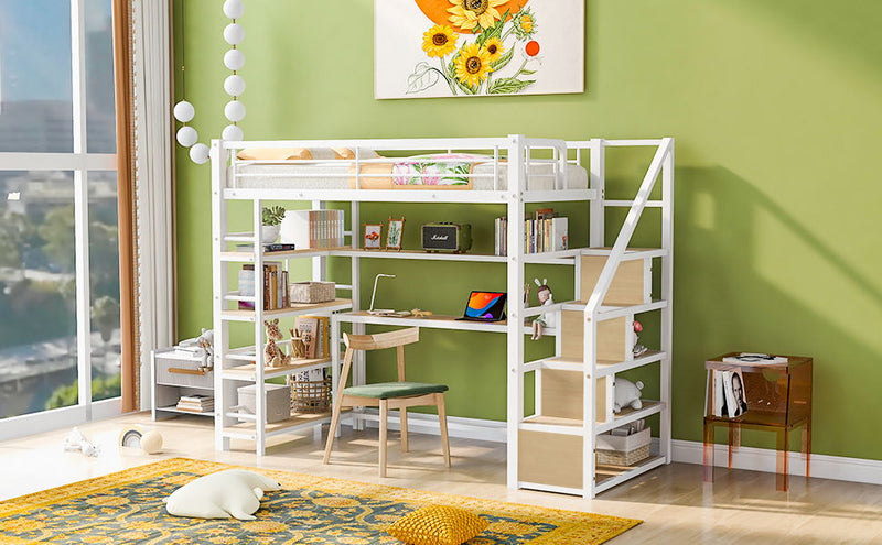 Twin Size Metal Loft Bed With Staircase, Built - In Storage Shelves, White