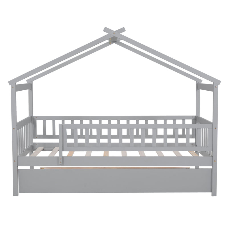 Twin Size Wooden House Bed With Twin Size Trundle, Gray