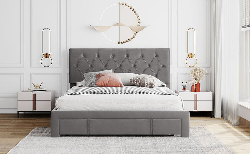 Queen Size Storage Bed Velvet Upholstered Platform Bed With A Big Drawer Gray