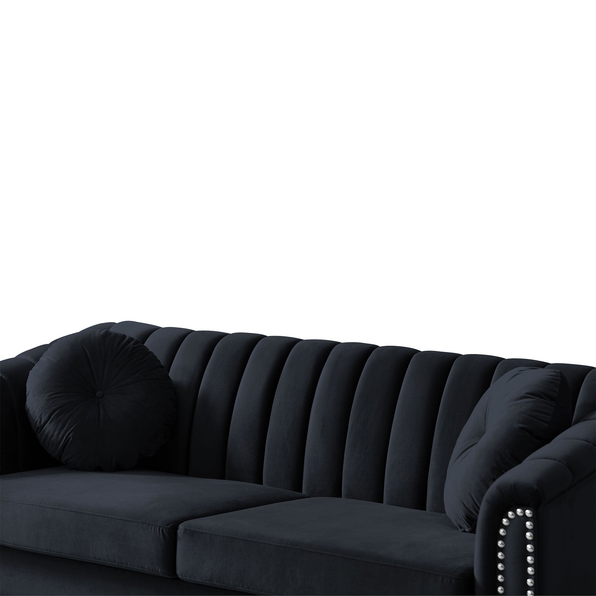 MH Modern Velvet Upholstered Sofa Couch, 3 Seat Tufted Back with Nail Arms, Solid wood Legs, Sleeper Sofa for Living Room, Compact Living Space, Apartment, Bonus Room, Black - Atlantic Fine Furniture Inc