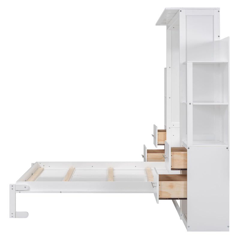 Full Size Murphy Bed Wall Bed With Shelves, Drawers And Led Lights, White
