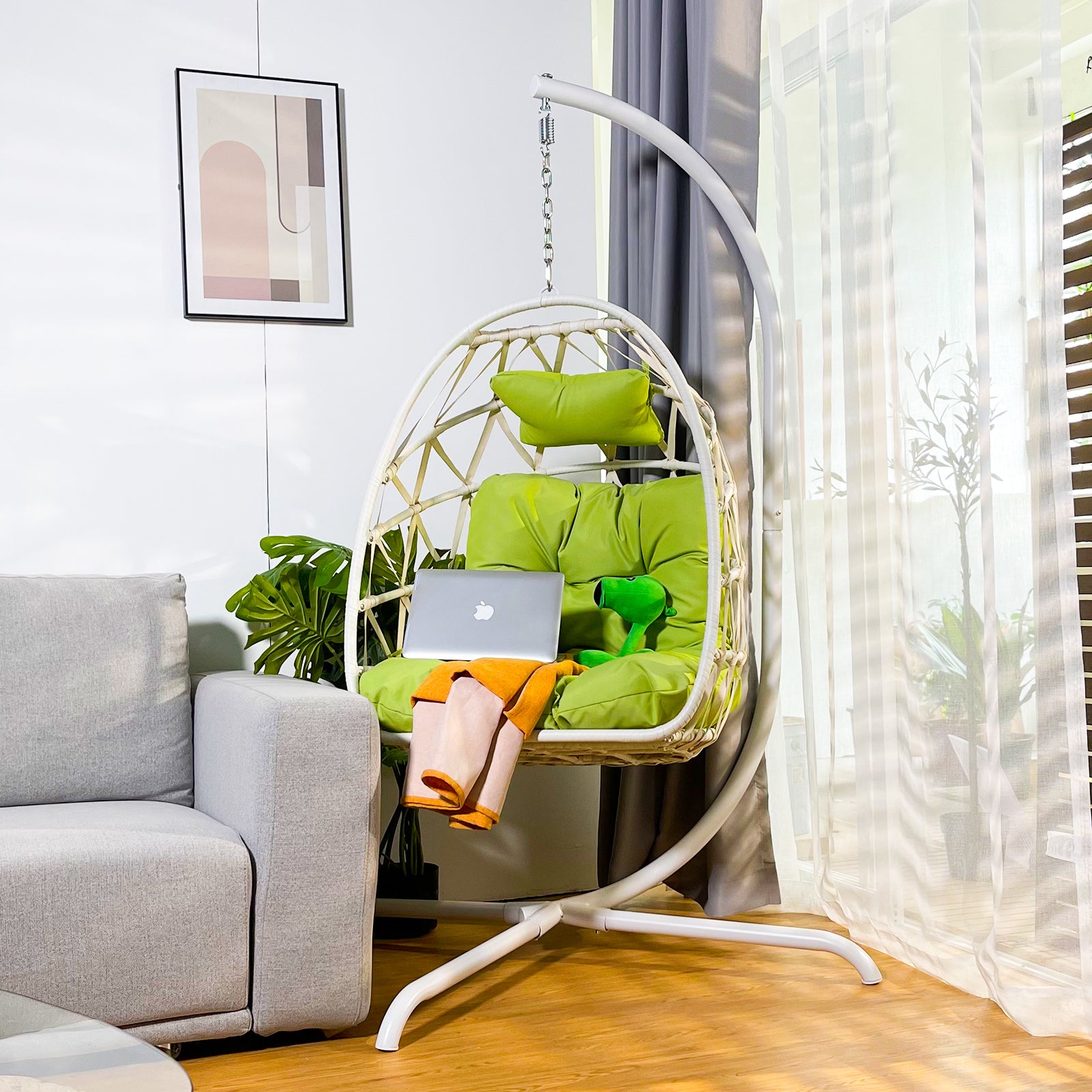 Swing Egg Chair with Stand Indoor Outdoor Wicker Rattan Patio Basket Hanging Chair with C Type bracket , with cushion and pillow,Patio Wicker folding Hanging Chair - Atlantic Fine Furniture Inc