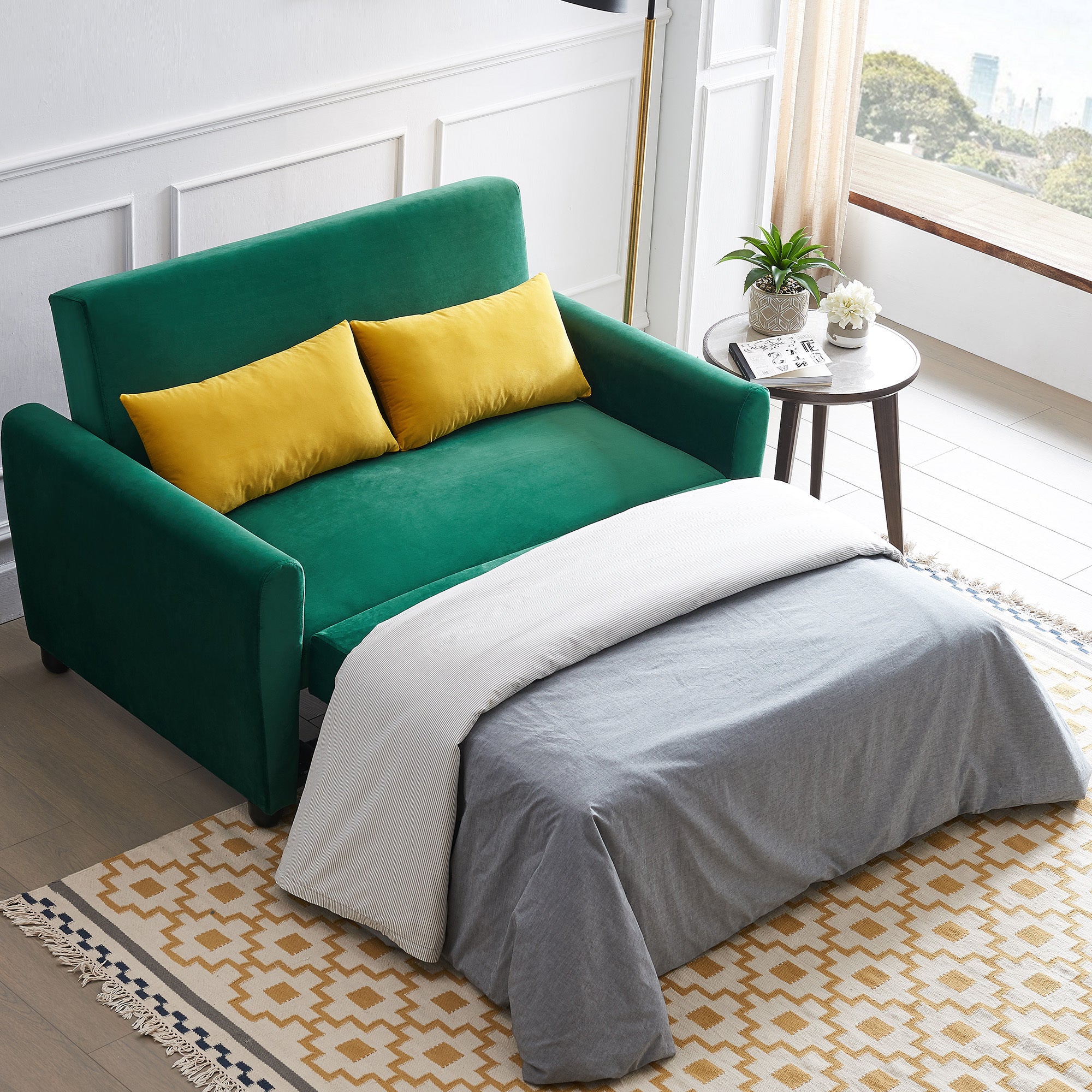 [VIDEO provided]55" Modern Velvet Sofa with Pull-Out Sleeper Bed with 2 Pillows Adjustable Backrest for Small Spaces Green - Atlantic Fine Furniture Inc
