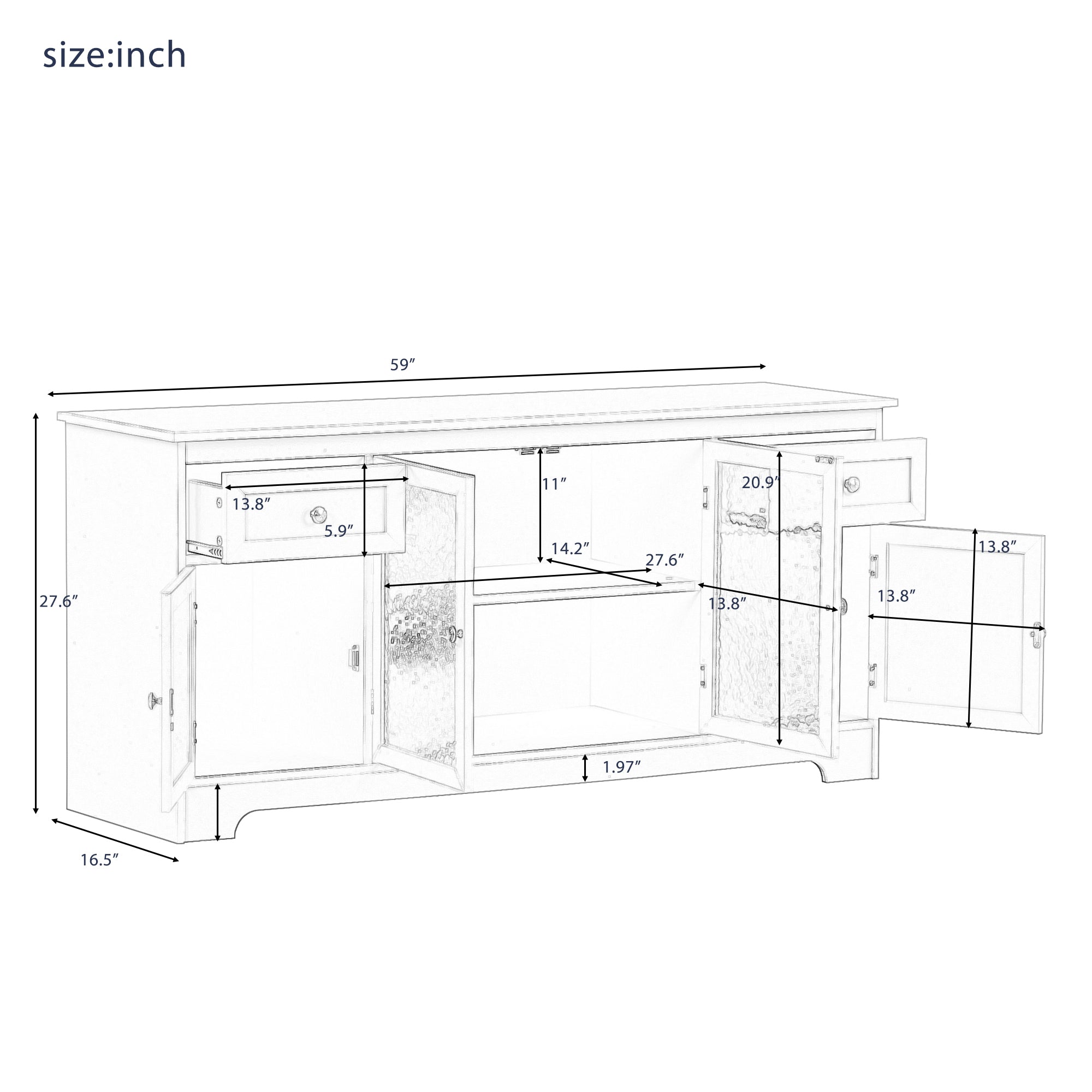 U-Can TV Stand for TV up to 65in with 4 Doors Adjustable Panels Open Style Cabinet, Sideboard for Living room, White - Atlantic Fine Furniture Inc