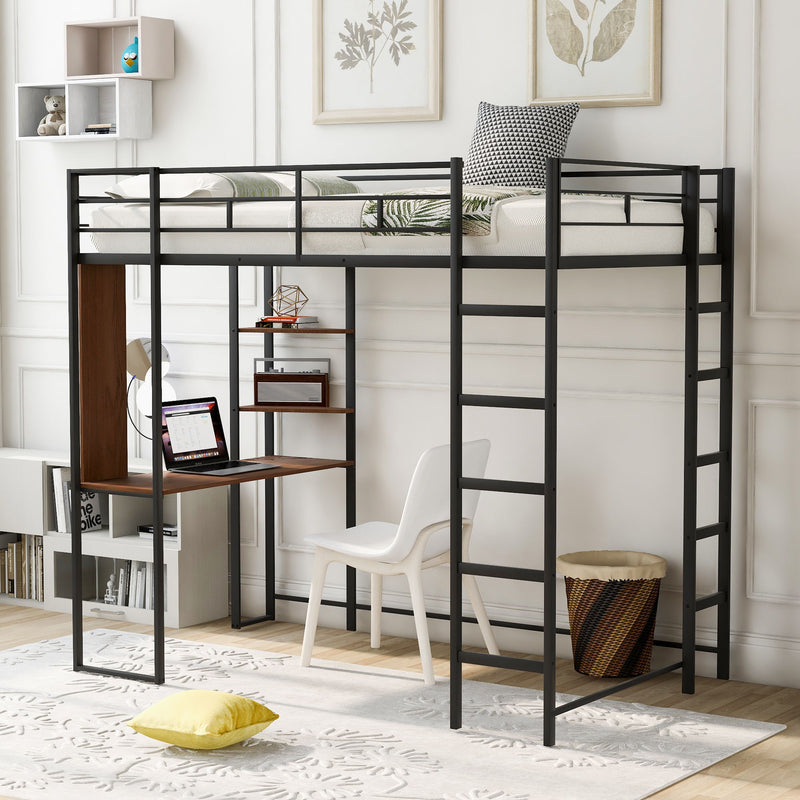Twin Metal Loft Bed With 2 Shelves And One Desk, Black