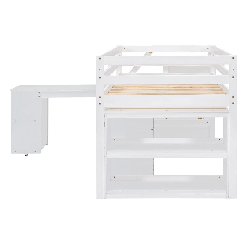 Twin Size Loft Bed With Retractable Writing Desk And 3 Drawers, Wooden Loft Bed With Storage Stairs And Shelves, White