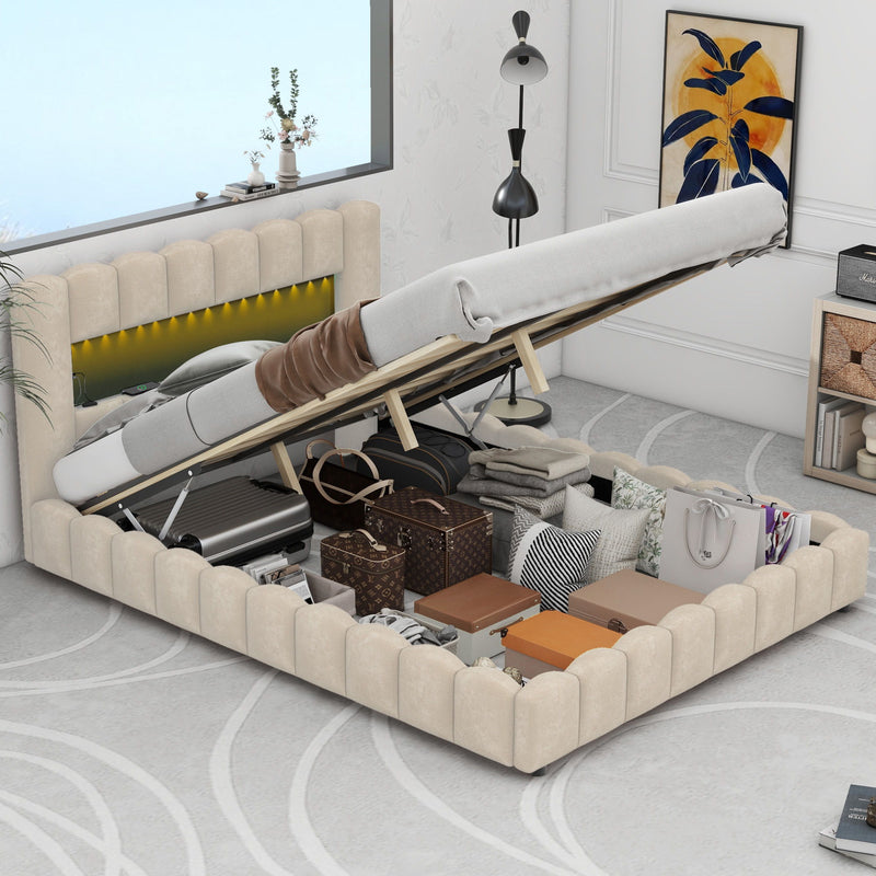 Queen Size Upholstered Platform Bed With Led Headboard And USB, Beige