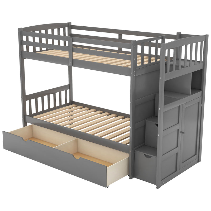 Twin Over Full/Twin Bunk Bed, Convertible Bottom Bed, Storage Shelves And Drawers, Gray