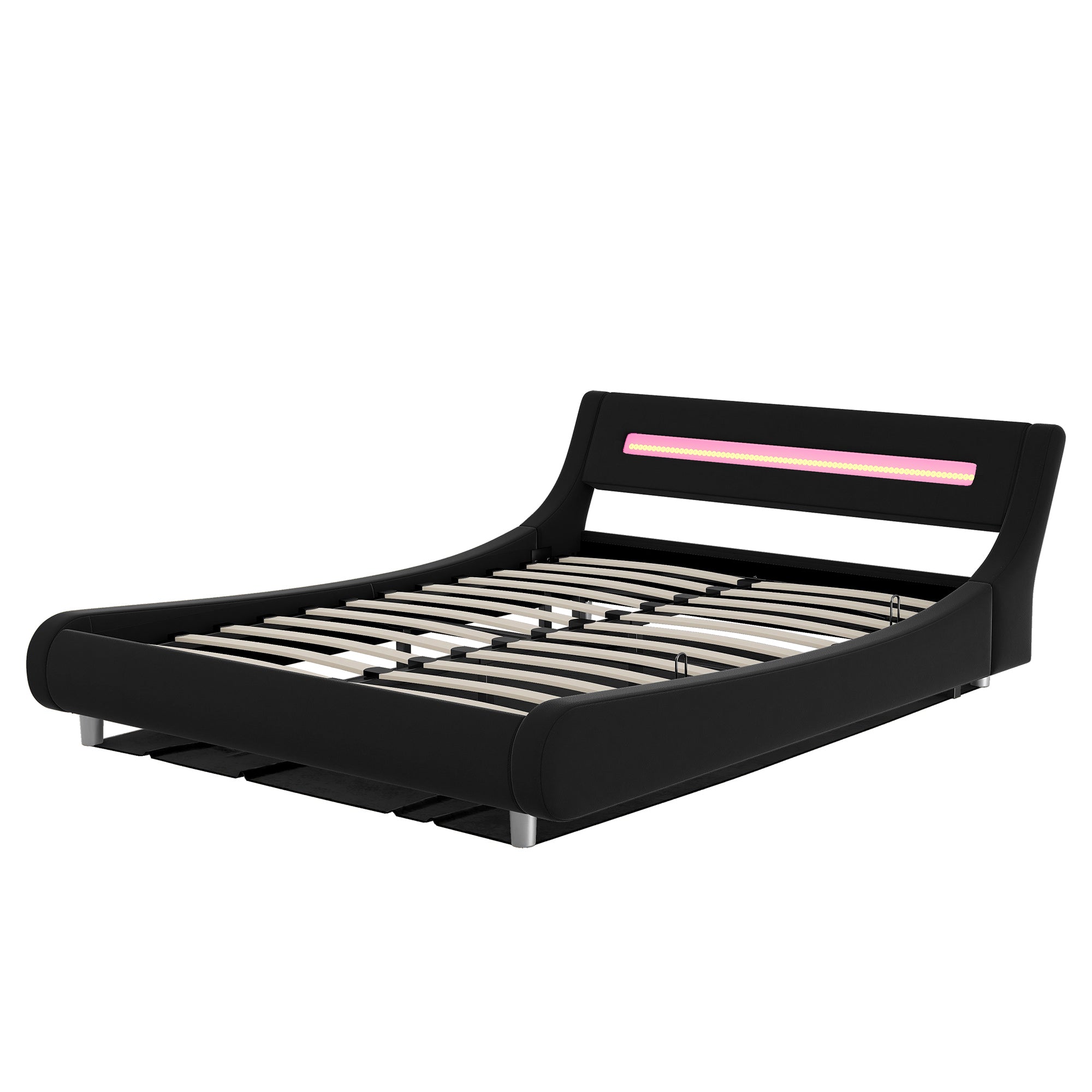 Queen Size Low Profile Upholstered Platform Bed with LED headboard,Black - Atlantic Fine Furniture Inc