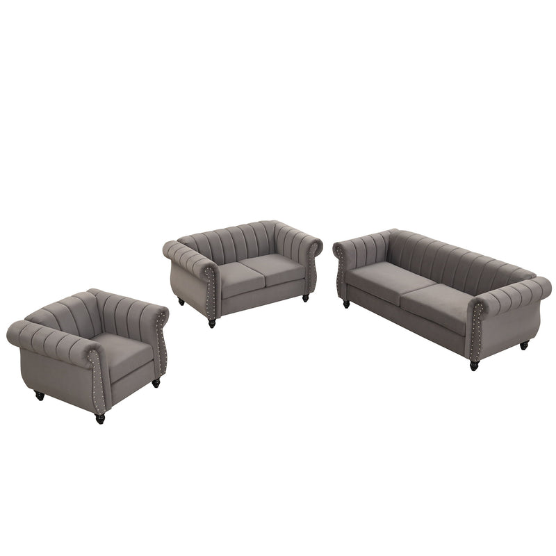 Modern Three Piece Sofa Set With Solid Wood Legs, Buttoned Tufted Backrest, Frosted Velvet Upholstered Sofa Set Including Three-Seater Sofa, Double Seater And Living Room Furniture Set Single Chair - Gray
