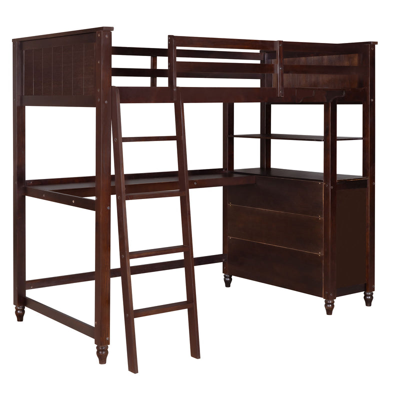 Twin Size Loft Bed With Drawers And Desk, Wooden Loft Bed With Shelves - Espresso