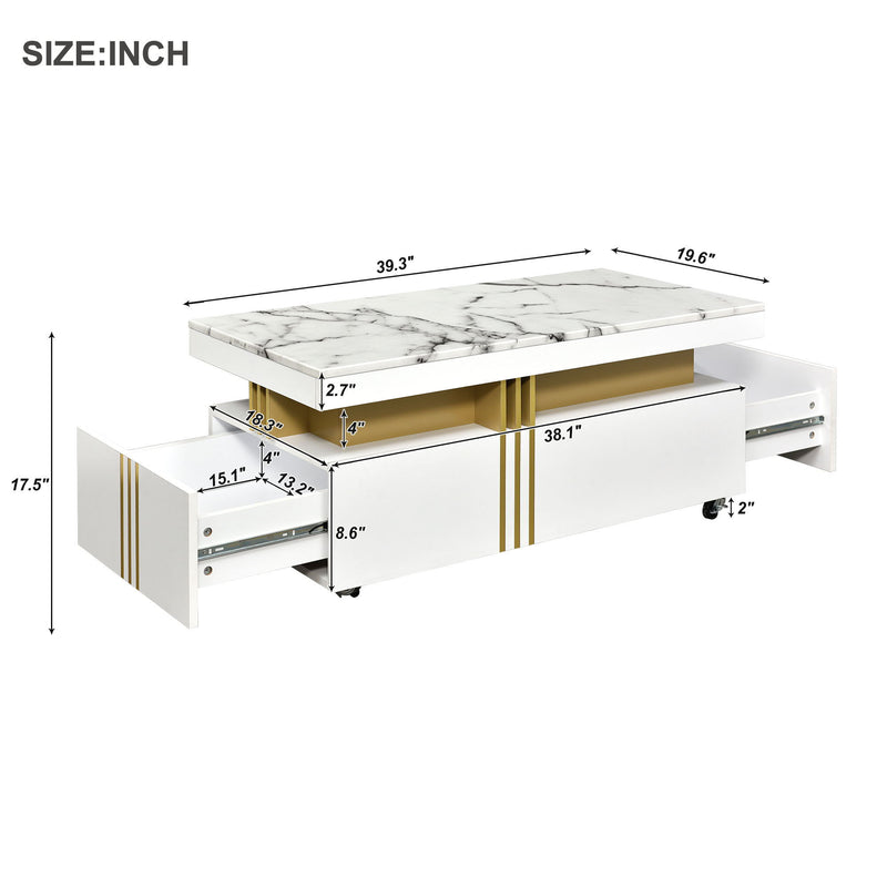 On-Trend Contemporary Coffee Table With Faux Marble Top , Rectangle Cocktail Table With Caster Wheels, Moderate Luxury Center Table With Gold Metal Bars For Living Room, White