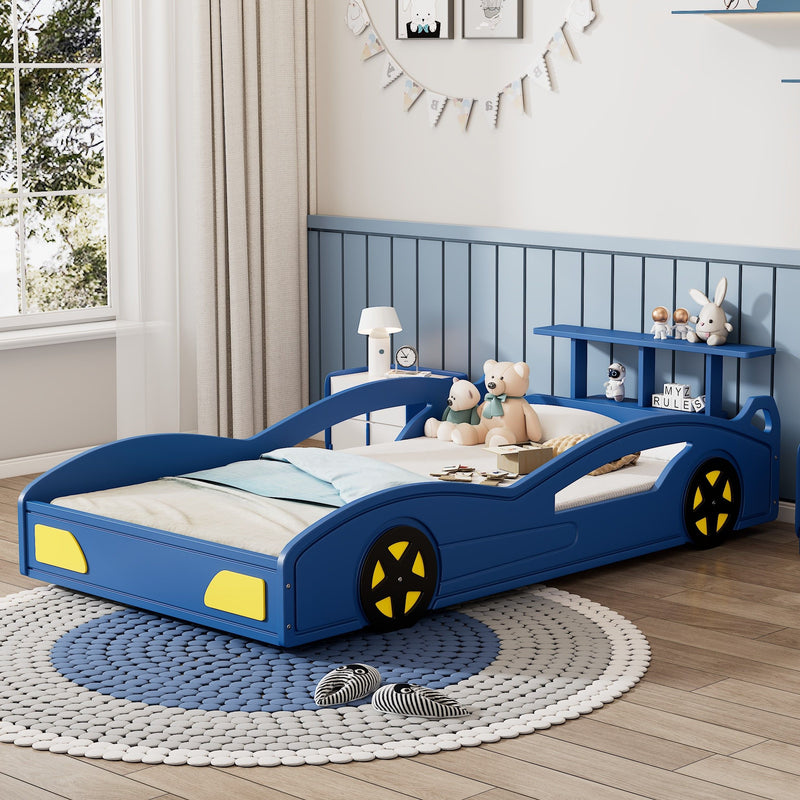 Wooden Race Car Bed, Car-Shaped Platform Twin Bed With Wheels For Teens, Blue & Yellow