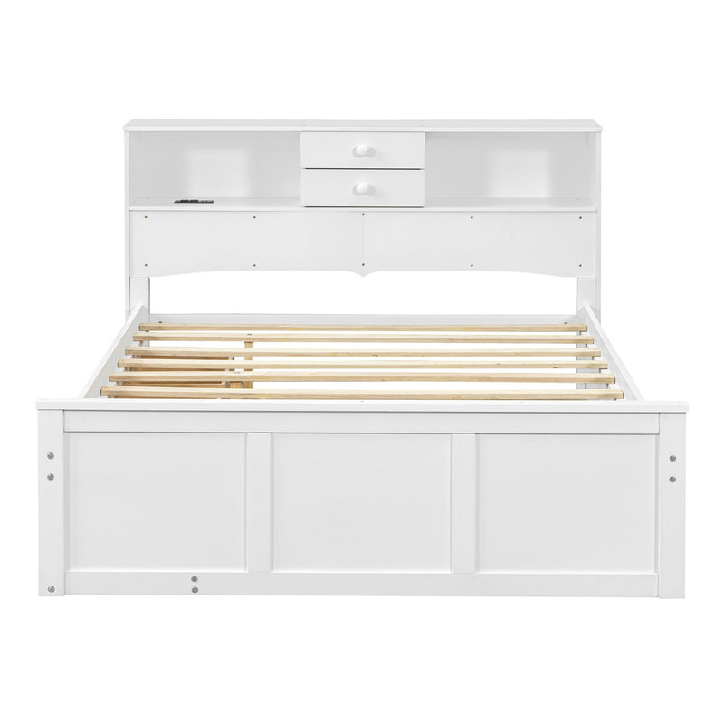 Full Size Wood Pltaform Bed With Win Size Trundle, 3 Drawers, Upper Shelves And A Set Of USB Ports & Sockets, White