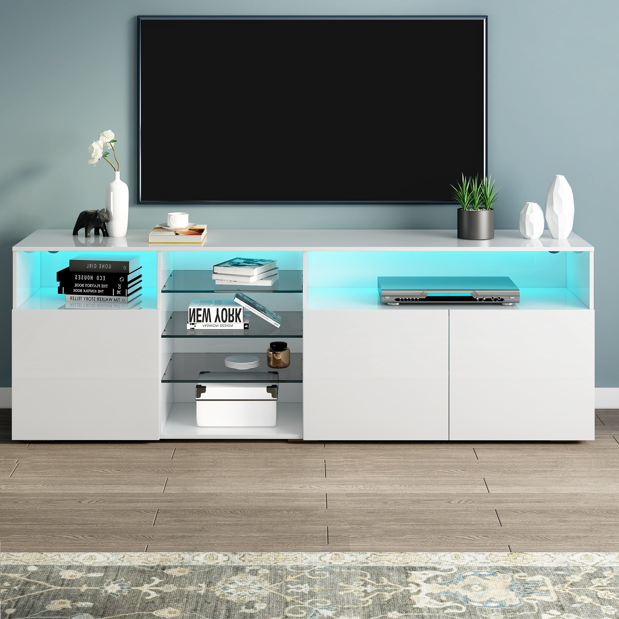 U-Can Modern, Stylish Functional TV stand with Color Changing LED Lights, Universal Entertainment Center, High Gloss TV Cabinet for 70+ inch TV, White - Atlantic Fine Furniture Inc