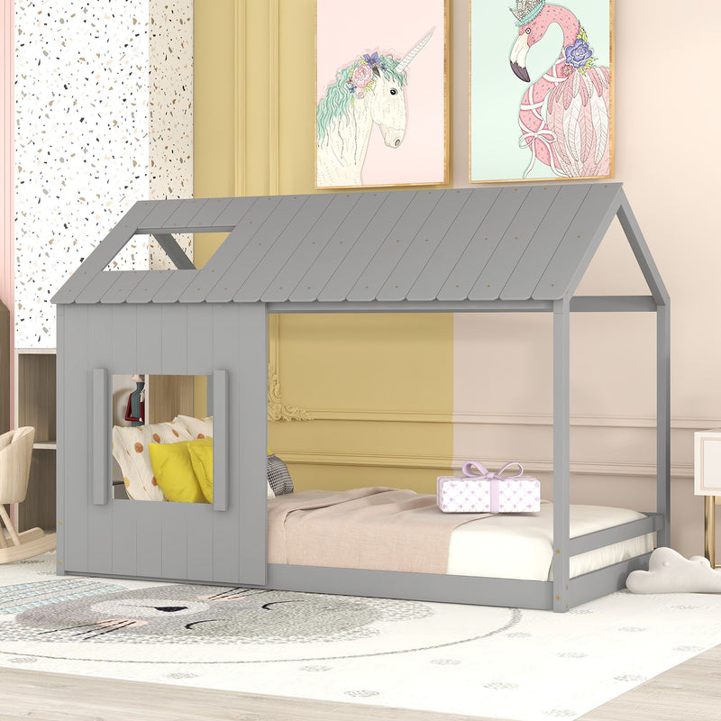 Twin Size House Bed With Roof And Window - Gray