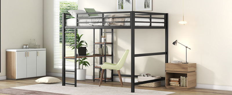 Full Size Metal Loft Bed With Built-In Desk And Storage Shelves, Black (Don't Sold Separately)